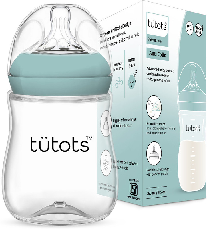 tutots Comfort Anti-Colic Wide Neck BPA Free Baby Feeding Bottle with Spiral Nipple - 250 ml(Sage Green)