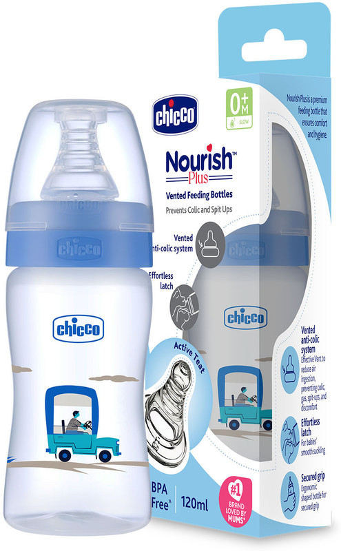 Chicco Nourish Plus Feeding Bottle Slow Flow 0M+ - 120 ml(Blue)