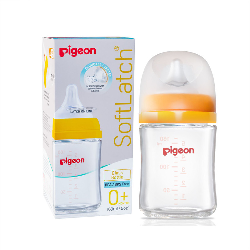 Pigeon Wide Neck 3 Glass baby feeding bottle with nipple - 160 ml(Yellow)