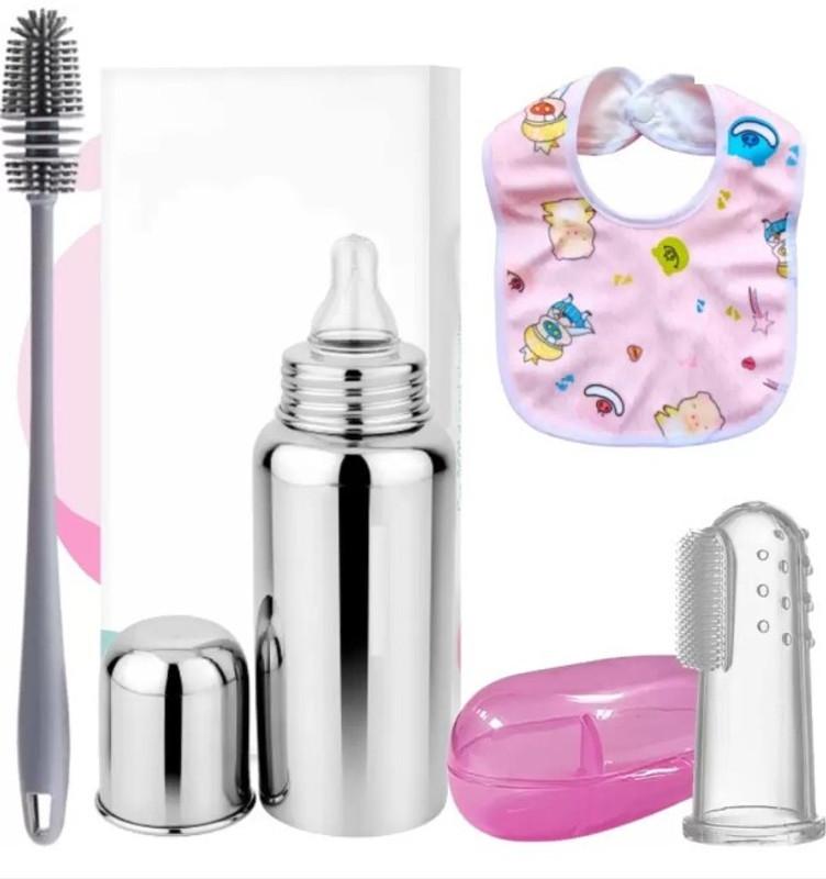 Royal krafts Stainless Steel Baby Feeding Bottle with Cleaning Brush, Finger Toothbrush & Bib - 240 ml(Multicolor)