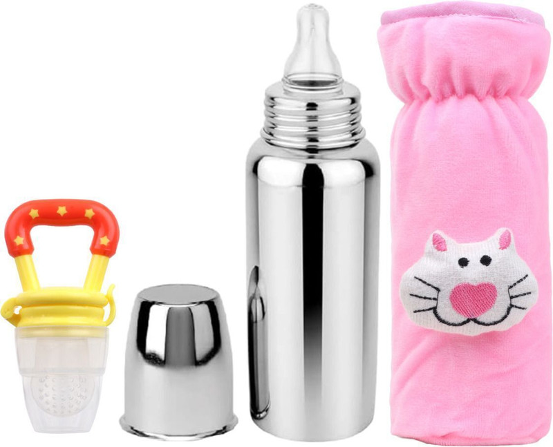 ORILACE Baby feeding bottle with cover & baby fruit feeder 0 to 2 years BPA free - 250 ml(PINK+BOTTLE+YE+FEEDER)