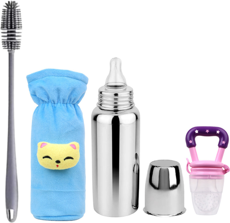 ORILACE Baby Steel Milk Bottle &1Cleaning Brush & etc BPA-Free Sillicone Nipple 0-5 Year - 250 ml(SKYBLUE,PINKK)