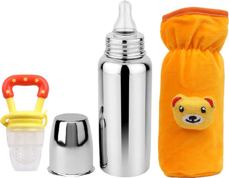 UNIECROUNE KIDS Baby feeding bottle with cover & baby fruit feeder 0-3 years BPA free  - STAINLESS STEEL BOTTLE SILLICONE(YELLOW+BOTTLE+Y+FEEDER)