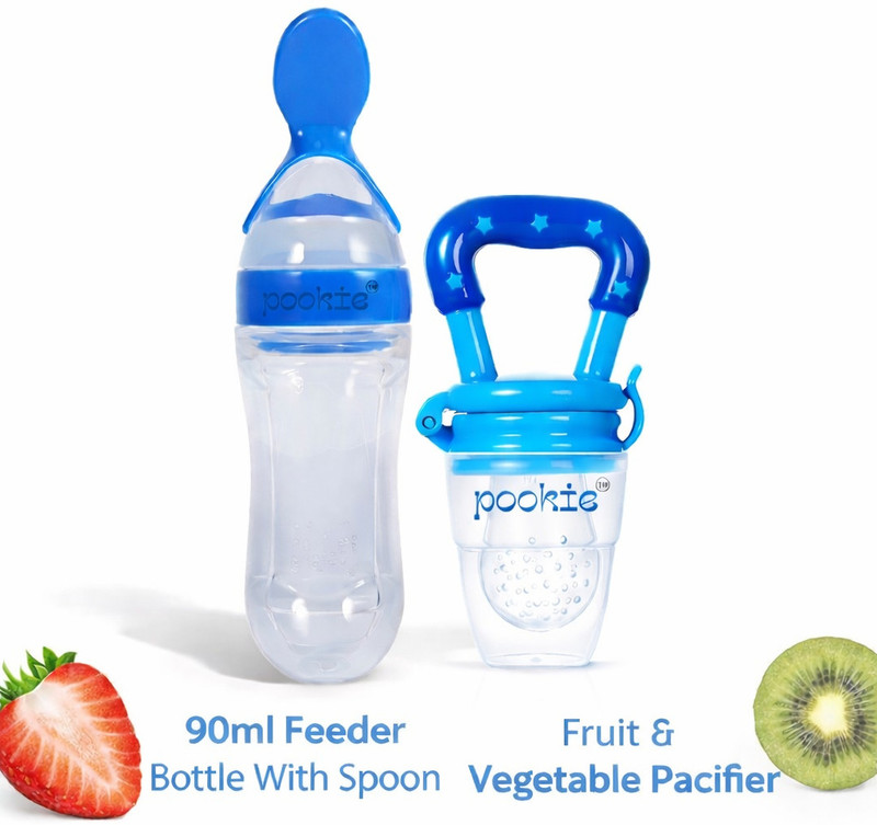 POOKIE Baby Feeding Combo | 90 ml Spoon Feeder Bottle & Fruit Pacifier | BPA Free | - Silicon and BPA Free(Blue)