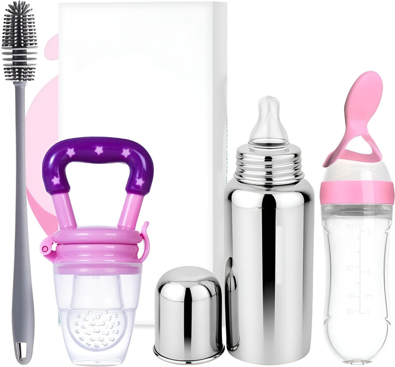 Nonababy 6+ Months Baby Feeding Set – BPA-Free Bottle, Spoon Feeder, Fruit Nibbler, Brush  - Stainless steel 304 Grade, Food Grade Silicon, BPA-FREE Plastic(Pink)