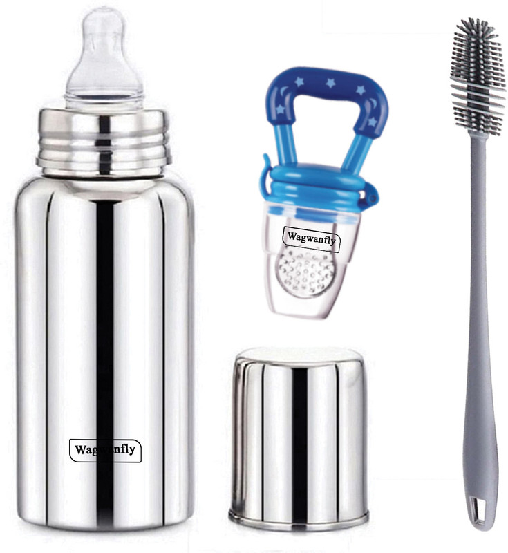 Wagwanfly Baby Feeding Bottle, BPA Free, Anti-Colic Fruit feeder with Cleaning Brushes - 240 ml(Silver-Blue)