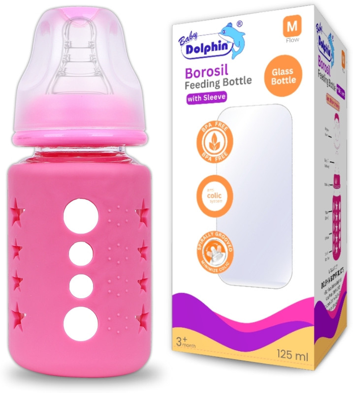 Baby Dolphin Anti-Colic Borosil Glass Feeding Bottle with Sleeve, 100% Bpa Free - 125 ml(Pink)