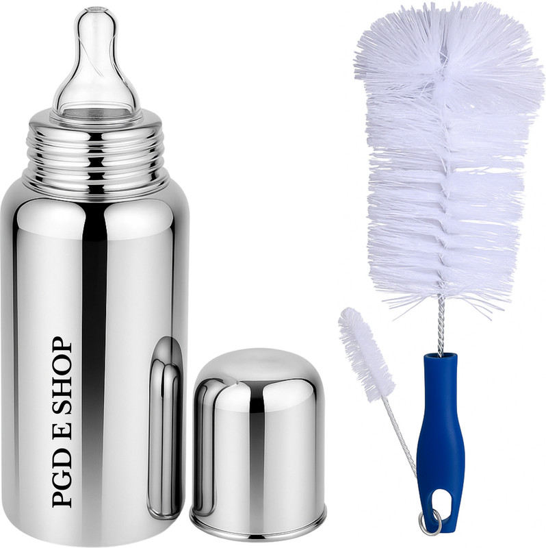 Pappa Regular Stainless Steel Baby Feeding Bottle with Cleaning Brushes - 300 ml(Plain silver)