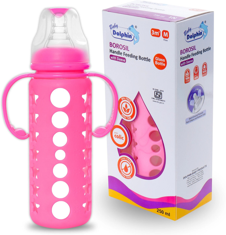 Baby Dolphin Anti-Colic Borosil Glass Feeding Bottle with Handle & Sleeve, Bpa Free - 250 ml(Pink)