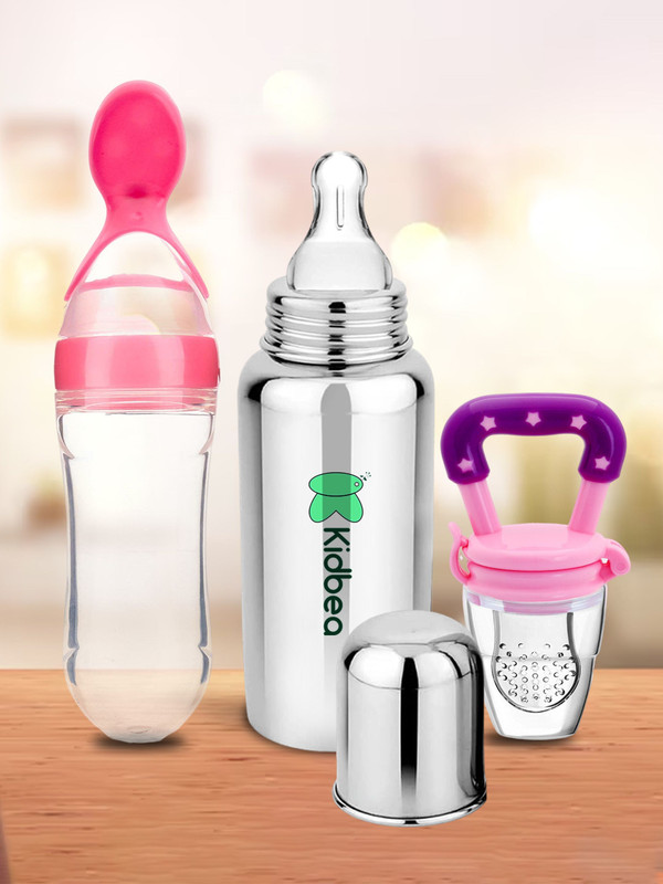 KIdbea Stainless Steel Bottle, Silicone Food and Fruit feeder BPA Free - 250 ml(Pink)