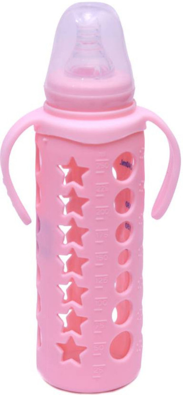 KIDS MY LITTLE Baby Glass Feeding Bottle With Silicone Cover & Training Handle. BPA Free. - 240 ml(Come In Random Color)