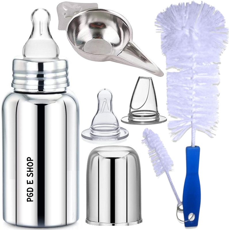 PGD Baby Feeding Bottle 250ml, Brushes, Paladai Spoon, Sipper and Nipple - 250 ml(Silver)