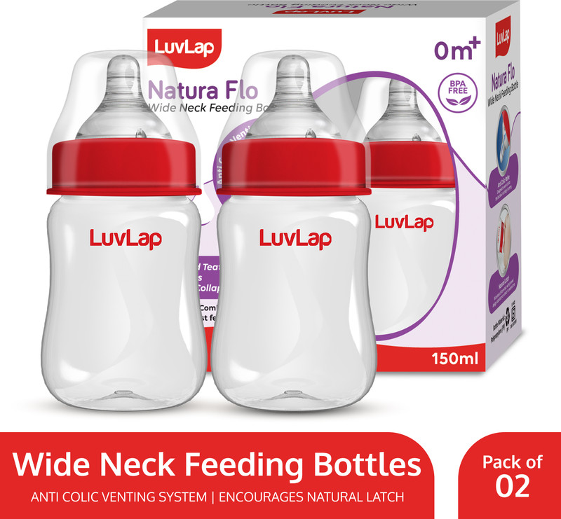 LuvLap Anti-Colic Wide Neck Natural Flow Baby Feeding Bottle, BPA Free Pack of 2 - 150 ml(Red)