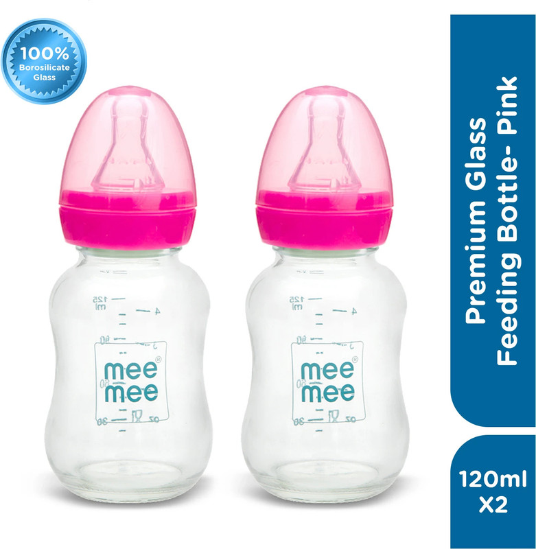 MeeMee Premium Glass Feeding Bottle with Anti-Colic Valve For Baby & Toddlers - 120 ml(Pink)