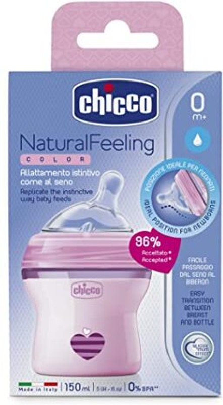 Chicco Natural Feeling Baby Milk Feeding Bottle Wide Neck for Easy Milk Flow 150ml - 150 ml(Pink)