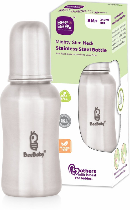Beebaby Mighty Slim Neck 304 Stainless Steel Feeding Bottle. BPA Free, Leakproof 8M+ - 240 ml(Silver)