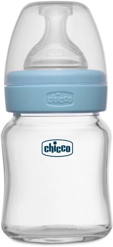 Chicco Well-Being Glass Feeding Bottle (120ml, Slow Flow) (Blue) - 120 ml(Blue)