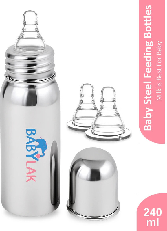 babylak Steel Baby Milk Bottle with Silicone Nipple Newborn Baby Feeding Bottle For Kids - 240 ml(Multicolor)