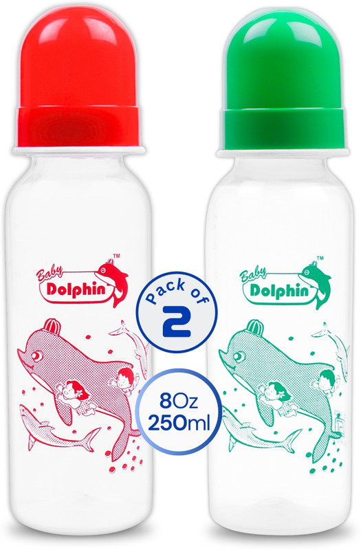 Baby Dolphin Premium Slim Neck Baby Feeding Bottle | Pack of 2 | Anti-Colic | BPA Free - 250 ml(Red, Green)