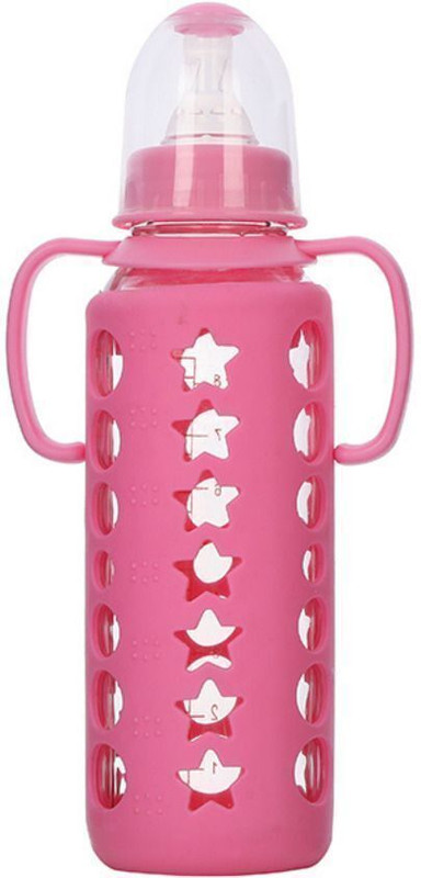 KIDS MY LITTLE Newborn Babies Baby Anti-Colic Glass Feeding Bottle with Handle & Silicone Cover - 240 ml(Multicolor)