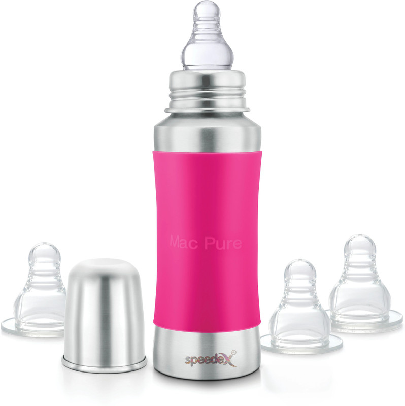 SPEEDEX Stainless Steel Baby Feeding Bottle with Internal ML Marking, Silicon Stopper & Silicon Grip (240 ml) (3 Extra Nipple Free) - 240 ml(SILVER PINK)
