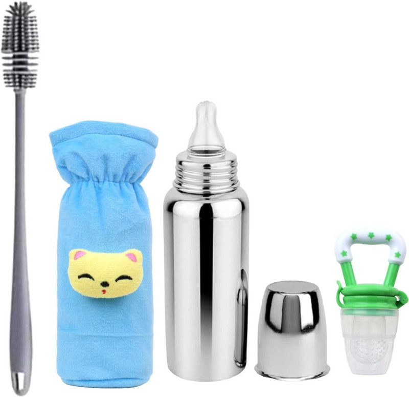 FRAIVIKO Infant Stainless Steel Milk Bottle with Cleaning Brush - 250 ml(Multicolor)