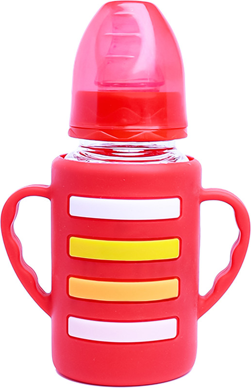 The Little Lookers Glass Feeding Bottle Handle Silicone Cover for Baby-Red(120ml) - 120 ml(Red)
