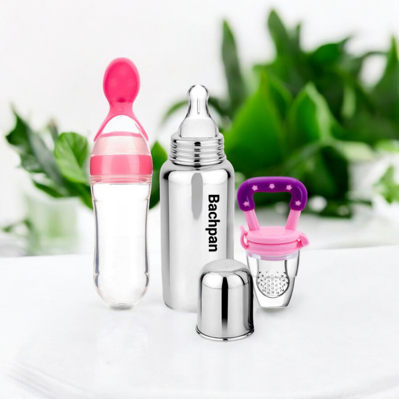 Bachpan Baby feeding milk steel bottle with spoon bottle and fruits nibblers - 300 ml(Silver)