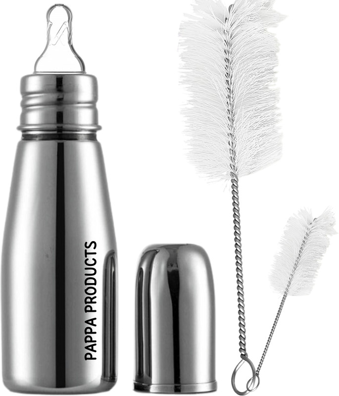 Pappa Slim Stainless Steel Baby Feeding Bottle with Baby Bottle Cleaning Brushes - 250 ml(Plain silver)