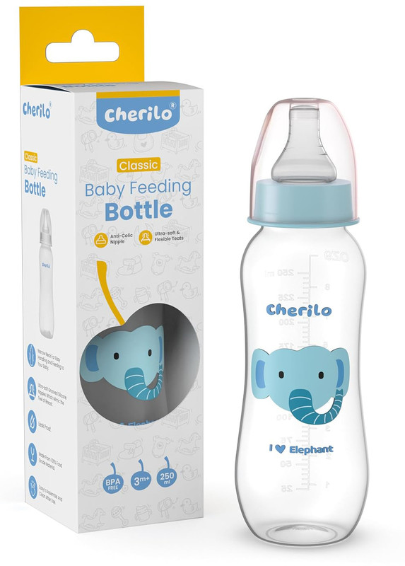 Cherilo Anti-Colic Slim, Classic Baby Feeding Bottle, Upto 3 Years, Funny Elephant Style - 250 ml(Blue)