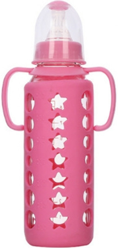 KIDS MY LITTLE Feeding Glass Bottle with Cozy Silicone Cover With BPA Free Silicone Nipple - 240 ml(Pink)