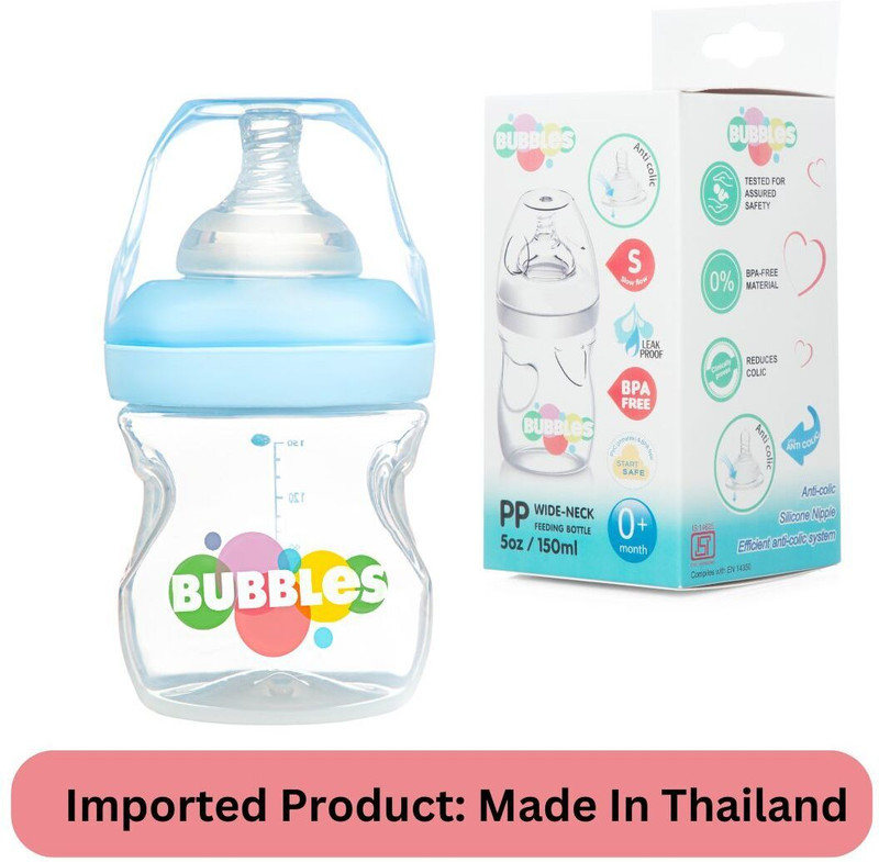 Bubbles Comfort Anti-Colic Wide Neck BPA Free Baby Bottle with Silicon Nipple - 150 ml(Blue)