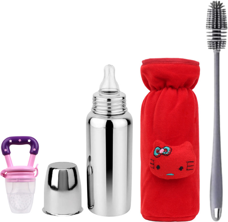 ORILACE Baby Steel Milk Bottle &1Cleaning Brush & etc BPA-Free Sillicone Nipple 0-5 Year - 250 ml(RED,PINK)