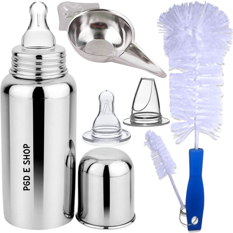 PGD Baby Milk Water Feeding with Cleaning Brushes,Paladai & Nipples - 300 ml(Silver)