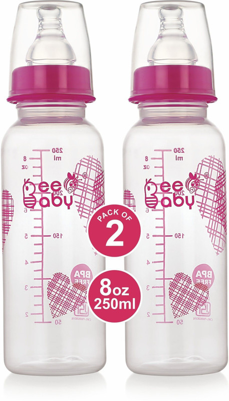 Beebaby Basic Slim Neck Baby Feeding Bottle with Anti-Colic Nipple, BPA FREE, 8M+ - Pink - 250 ml(Pink)