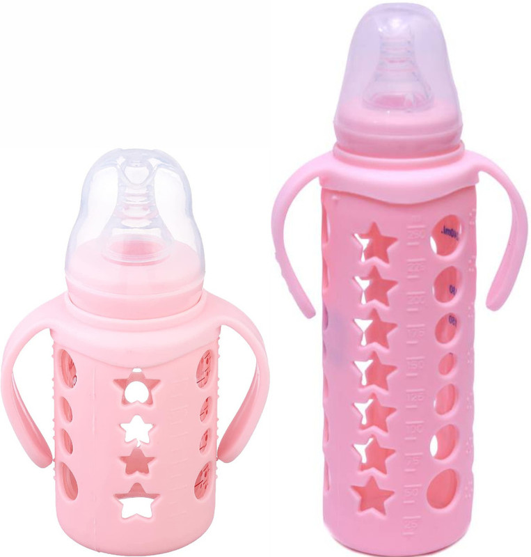 KIDS MY LITTLE Baby Glass Feeding Bottle With Handle, Silicone Teat. 240ML, 120ML (Pack Of 2) - 240 ml(Baby Pink)