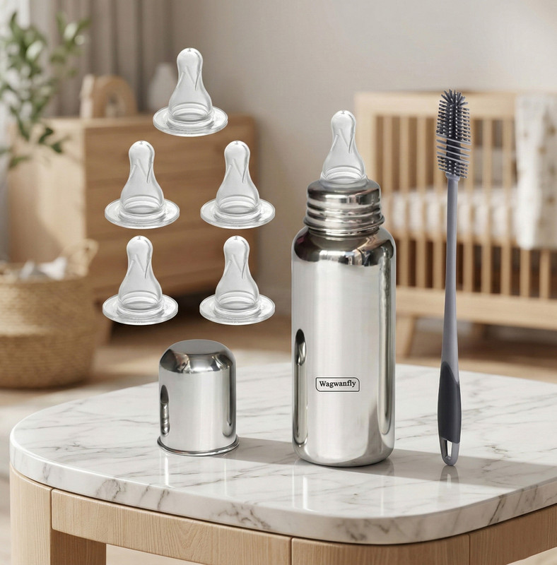 Wagwanfly Stainless Steel Baby Feeding Bottle for Kids, Anti Colic Nipple Slim Neck - 240 ml(Silver)