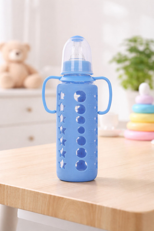 advik mart Glass Baby Bottle with Protective Silicone Cover & Easy-Grip Handles Anti-Colic - 240 ml(Pink)