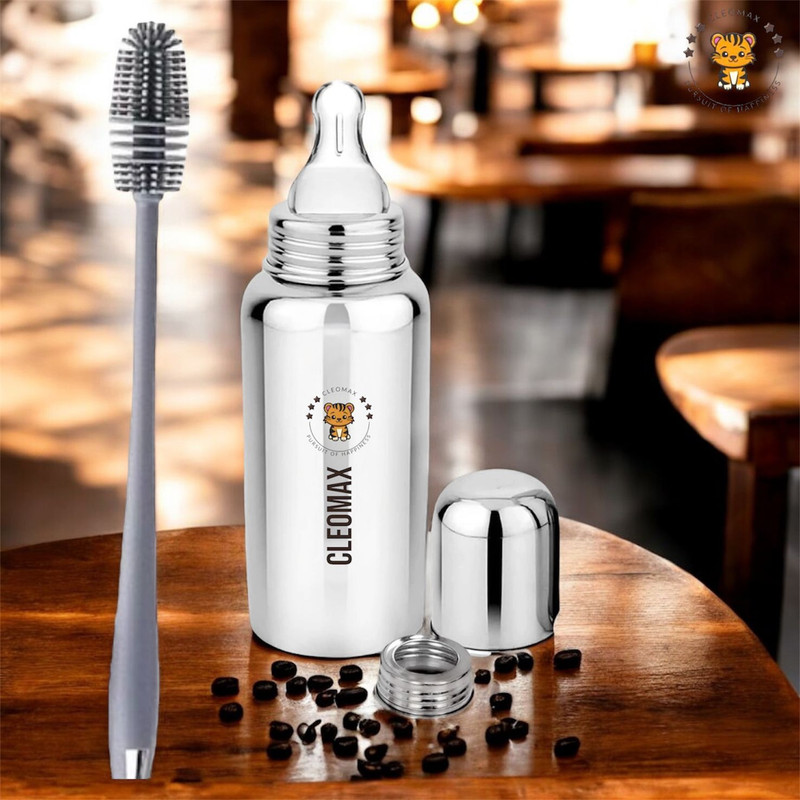 CLEOMAX Stainless steel Baby feeding Bottle with Brush - 250 ml(Silver)