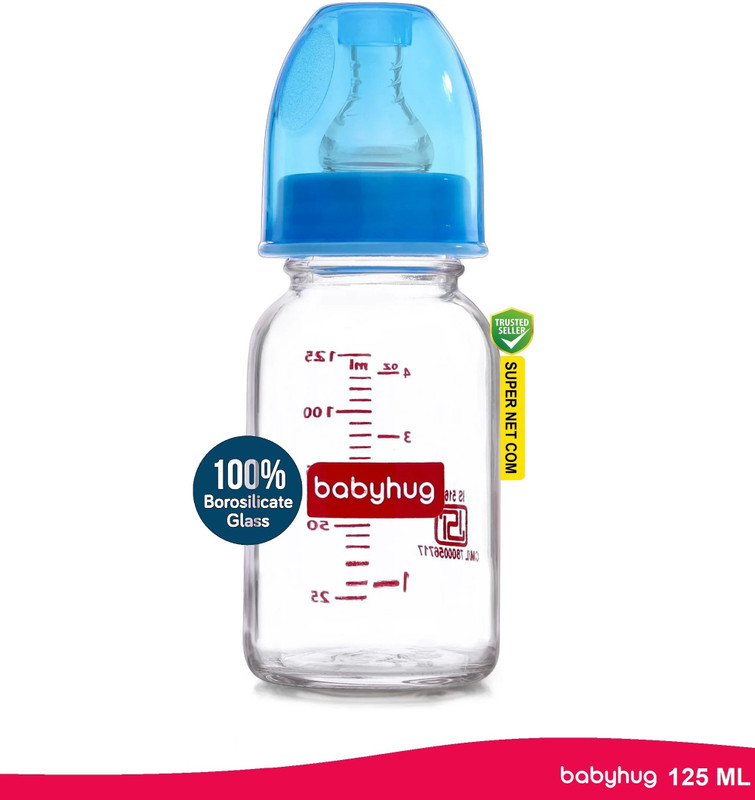 babyhug Glass Baby Feeding Bottle – BPA-Free, Leak-Proof & Safe - 125 ml(Blue)