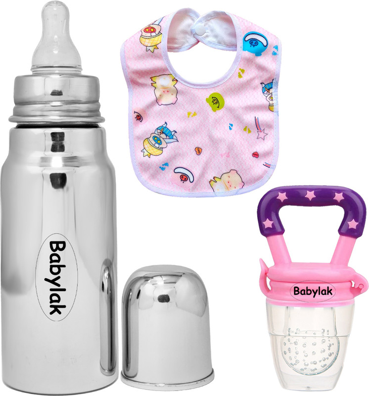 babylak Baby Steel feeding Milk Bottle with babies & Fresh Silicone Fruit Feeder - 250 ml(Silver)