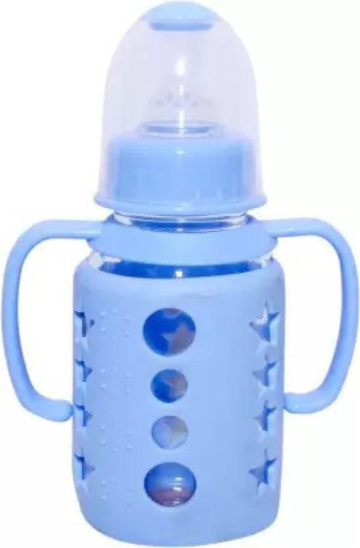 KIDS MY LITTLE Premium Glass Feeding Bottle With Removable Silicon Cover and Training Handle. - 120 ml(Multicolor)