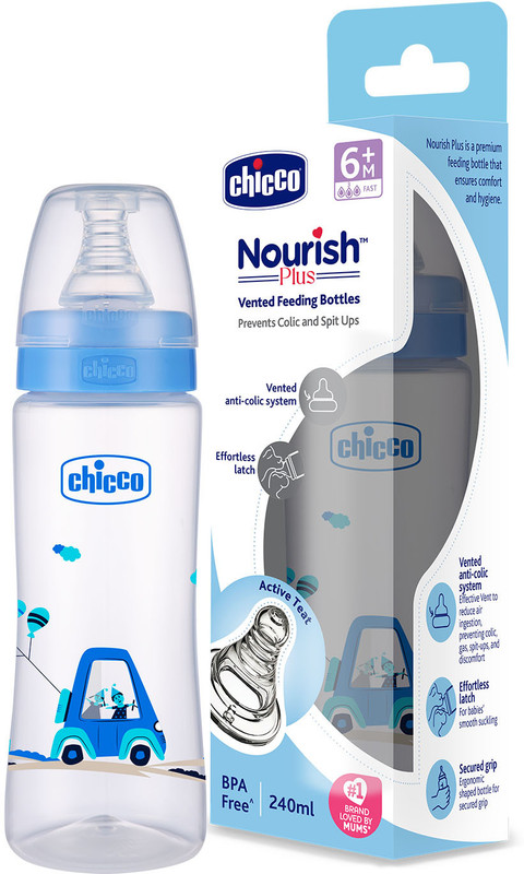 Chicco Nourish Plus Feeding Bottle 240ml Fast Flow 6M+ - 240 ml(Blue)
