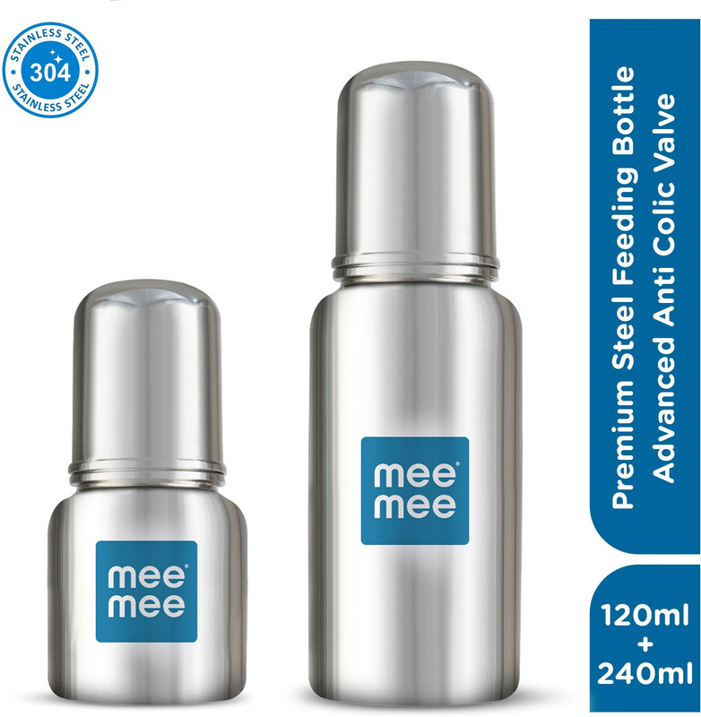 MeeMee Baby Premium Steel Feeding Bottle with Advanced Anti Colic Valve, for Babies - 361 ml(Silver)