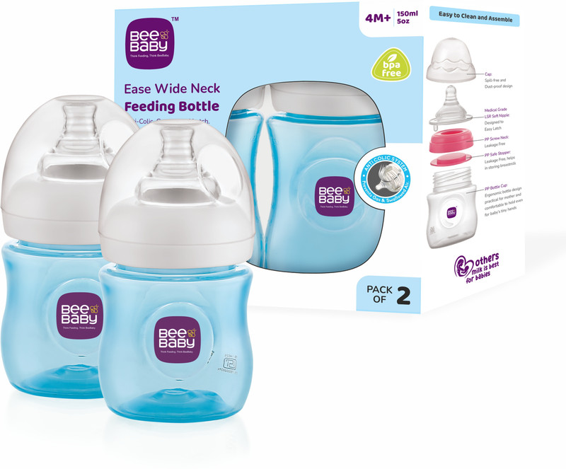 Beebaby Ease Wide Neck Baby Feeding Bottle, Anti Colic Nipple Milk Bottle, 100%BPA Free. - 150 ml(Colour Bottle Blue)