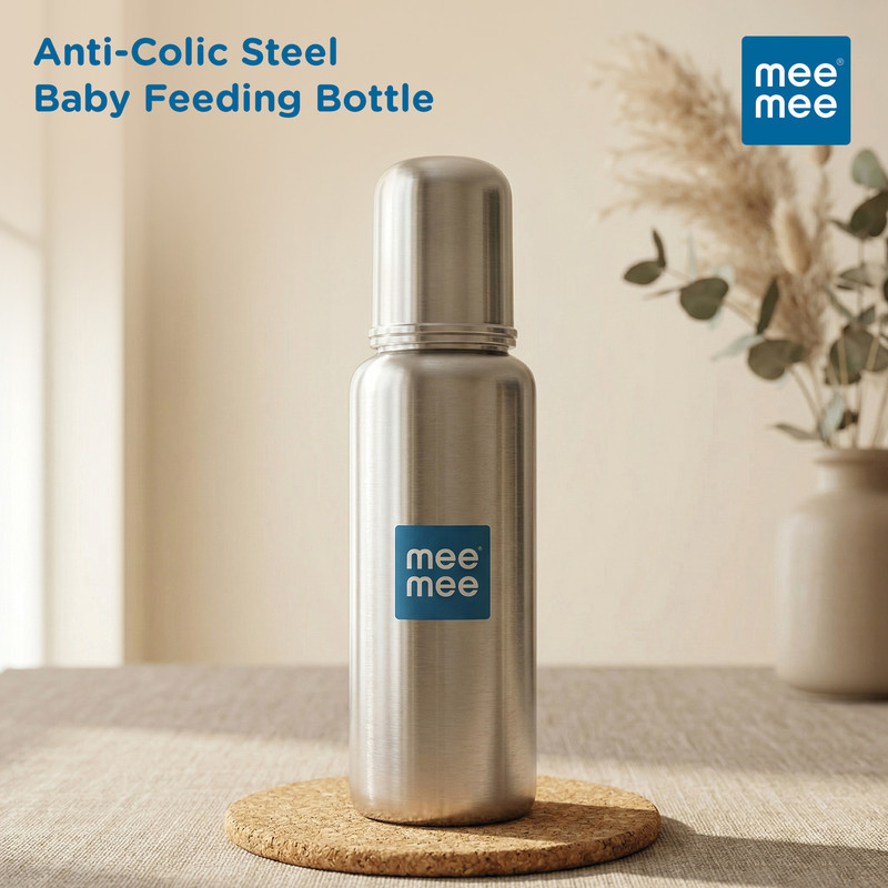 MeeMee Baby Premium Steel Feeding Bottle with Advanced Anti Colic Valve, for Babies - 250 ml(Silver)