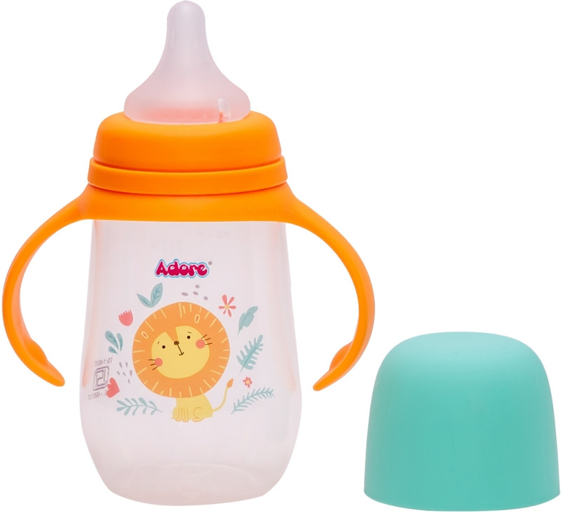 Adore Nok Nok Wide Neck Feeding Bottle w Handle -Ergonomic - Premium Matte Nipple - 250 ml(Orange, Green)