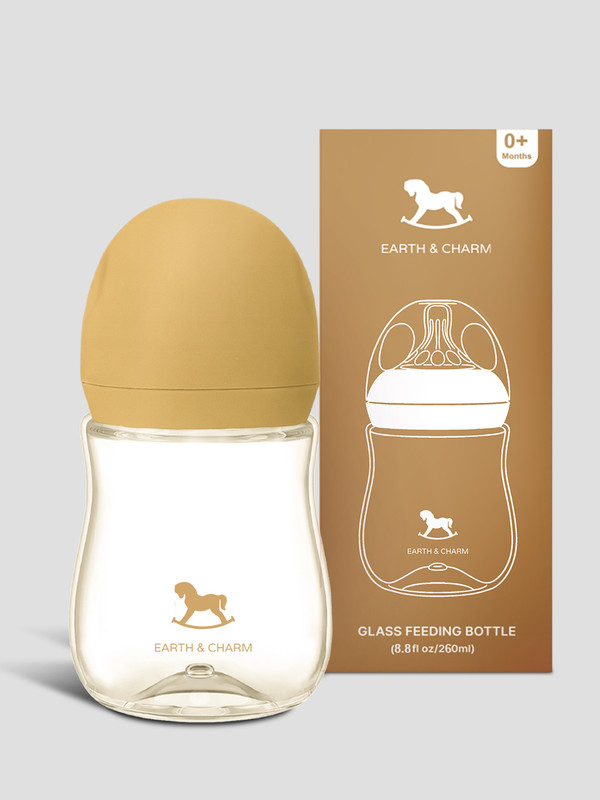 Luay Glass Baby Feeding Bottle | Soft Silicone Nipple | Infant Milk Bottle - 260 ml(Beige)