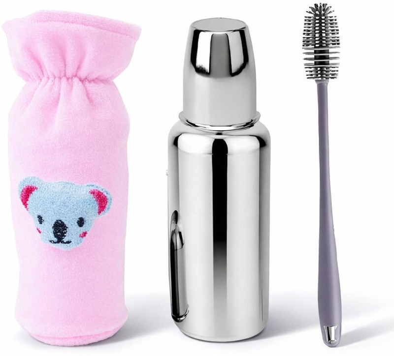 Kids Globe Baby steel feeding bottle 250 ml with bottle cover and bottle cleaning brush - 250 ml(Silver)