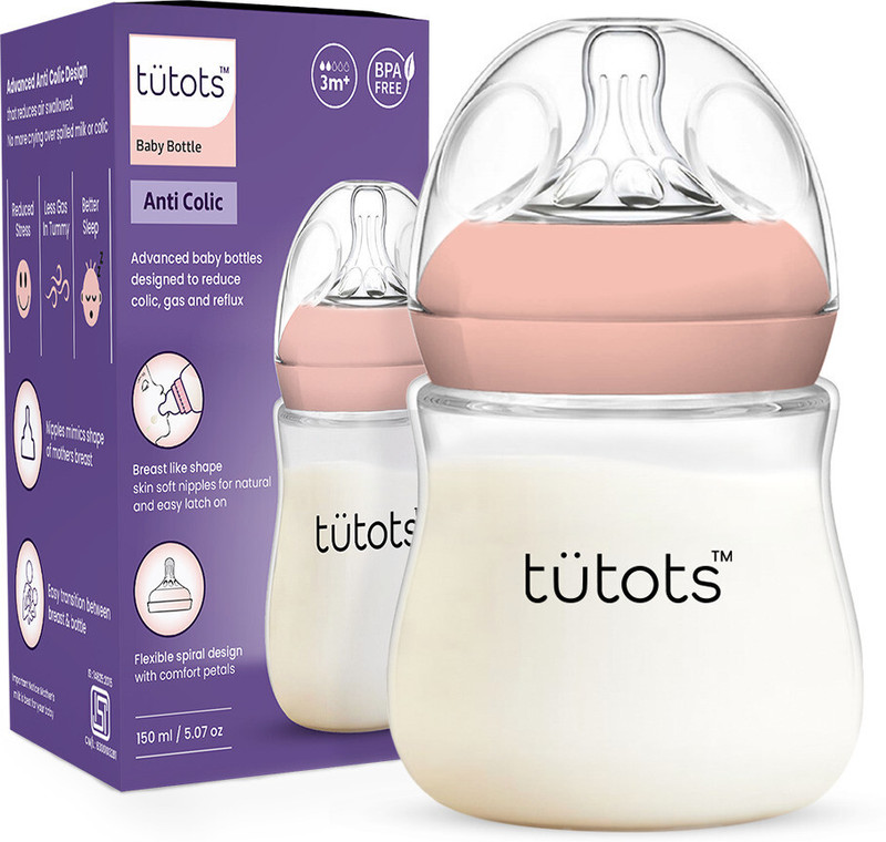tutots Comfort Anti-Colic Wide Neck BPA Free Baby Feeding Bottle with Spiral Nipple - 150 ml(Peach)